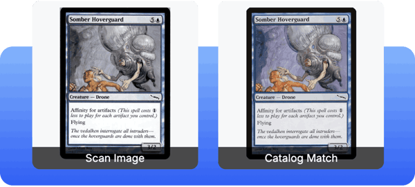 Comparison of a scanned trading card image and its matched TCGplayer catalog image displayed side by side.