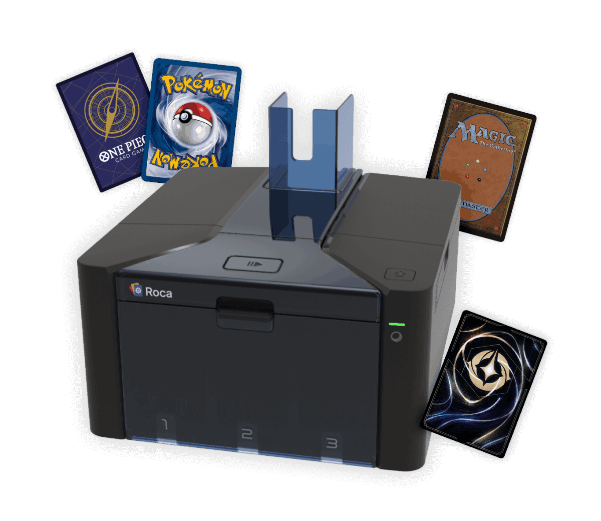 A Roca Sifter sits on a white background. Around it, several trading cards appear to be floating, including Magic: The Gathering, Pokémon, One Piece Card Game, and Disney Lorcana